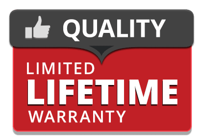 A graphic with a thumbs-up icon and the word QUALITY above a red box stating LIMITED LIFETIME WARRANTY in bold white letters.