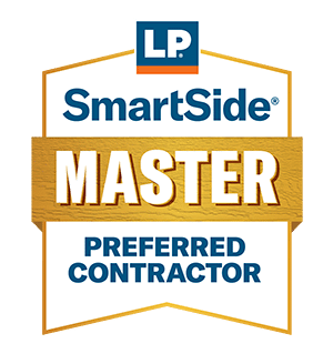 LP SmartSide Master Preferred Contractor badge, featuring the LP logo at the top, with SmartSide, MASTER on a gold ribbon, and PREFERRED CONTRACTOR in blue text below on a shield-shaped background.