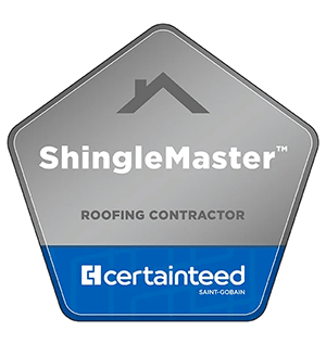 A gray and blue badge with a house roof icon and the text ShingleMaster Roofing Contractor above the CertainTeed Saint-Gobain logo.