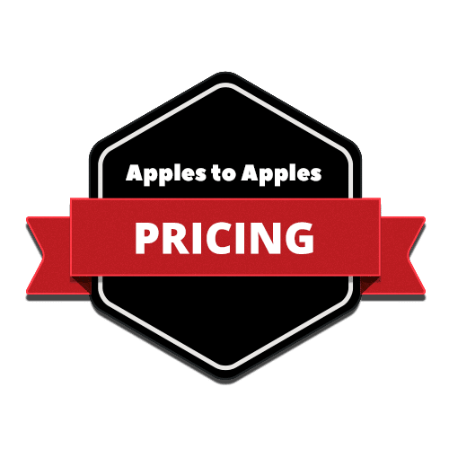 A black hexagon badge with a red ribbon reads Apples to Apples PRICING in white text on a light gray background.