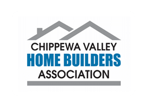 Logo featuring two gray rooftops above the text Chippewa Valley Home Builders Association, connecting siding and roofing contractors in Eau Claire. The words Home Builders are in bold blue, while the rest of the text and a line below are in gray.