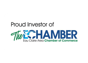 White graphic with the text Proud Investor of The Chamber Eau Claire Area Chamber of Commerce in black, green, and blue letters. Perfect for siding and roofing contractors in Eau Claire. The EC in CHAMBER is stylized with a green swoosh.