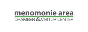 Logo for the Menomonie Area Chamber & Visitor Center, with menomonie area in bold lowercase letters above CHAMBER & VISITOR CENTER in uppercase, separated by a green line—perfect for siding and roofing contractors in Eau Claire to connect locally.