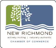 Logo for the New Richmond Chamber of Commerce featuring a stylized tree, wavy lines, and the text: New Richmond, actively inviting | naturally authentic, Chamber of Commerce.