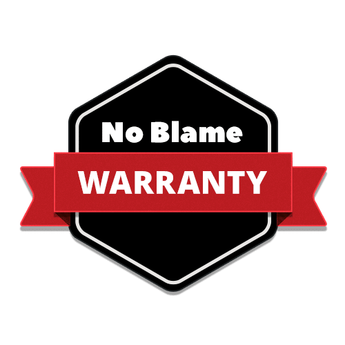 A black badge with a red ribbon displays the words No Blame WARRANTY in bold white and red letters.