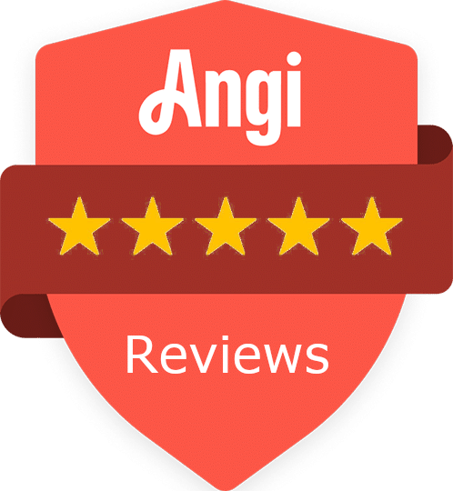 A red badge with the word Angi at the top, five gold stars in the middle on a maroon ribbon, and the word Reviews at the bottom.