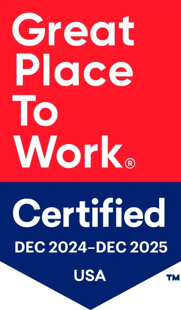 Great Place to Work Certified badge for the USA, displaying certification for December 2024 to December 2025, with red and blue background sections.