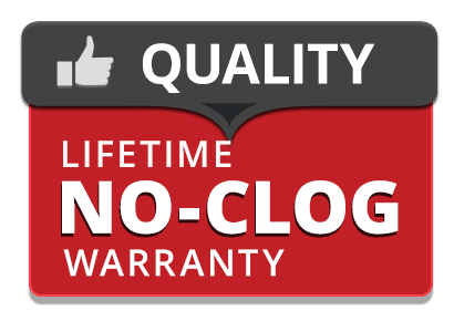 A graphic with a thumbs up icon and the word QUALITY above a red box stating Lifetime No-Clog Warranty in bold white letters.