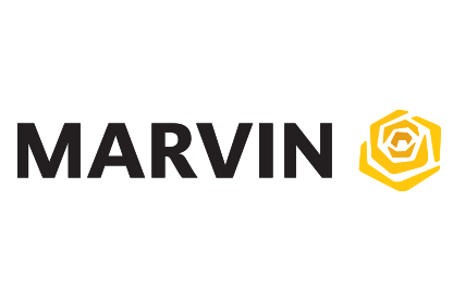 The word MARVIN in bold black letters is next to a stylized yellow rose on a white background, which serves as the company’s logo.