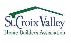Logo for St. Croix Valley Home Builders Association, featuring the name in blue and green text with a green roof graphic above the words.